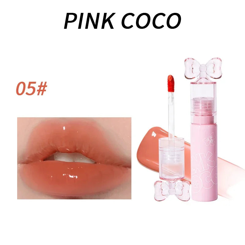 Cute Bow Water Mirror Lip Glaze Peach Pink Lipstick Liquid Moisturizing Non-stick Lip Gloss Makeup Sexy Red Lip Tint Cosmetics