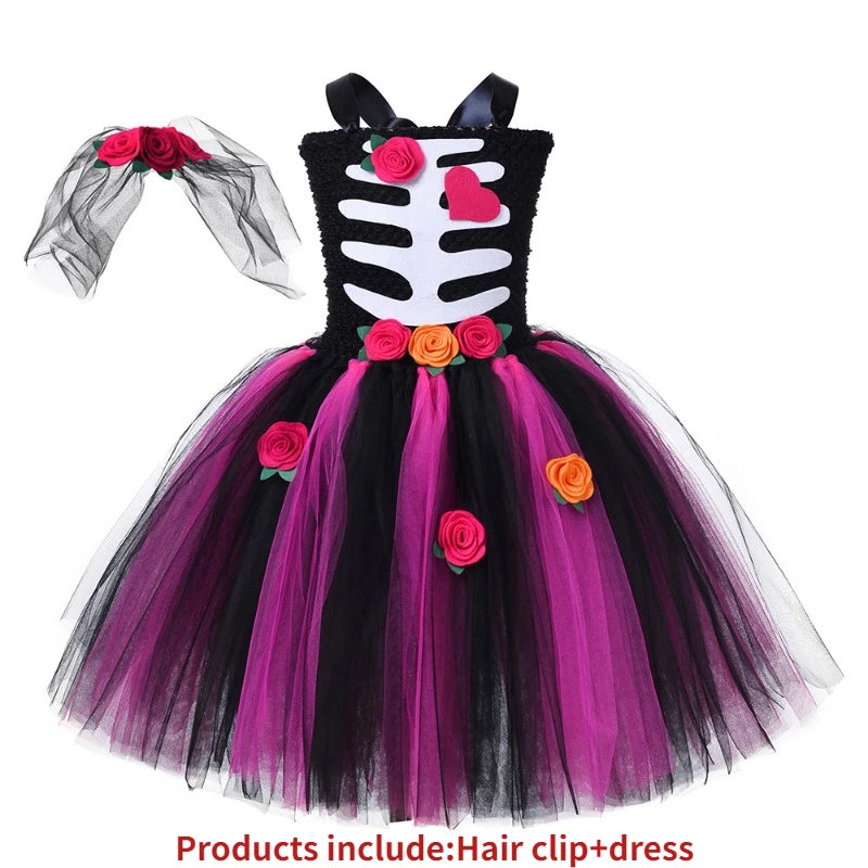 Scary Skeleton Halloween Costumes for Girls Kids Zombie Bride Fancy Dress Party Tutu Outfit Toddlers Children Cosplay Ball Gown