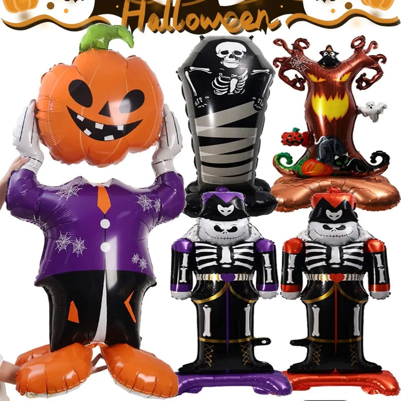 Halloween Decor Giant Standing 3D Foil Balloon Witch Pumpkin Tombstone Mummy with Base Haunted House Yard Displays Party Prop