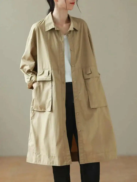9290 Spring Fall Trench Coat Women Mid Length Windbreaker Single-breasted Double Pockets Casual Loose Overcoat Female Outerwear - Lootquake