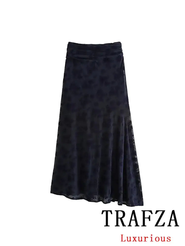 TRAFZA Vintage Casual Chic Women Flocking Suit O-Neck Backless Sleeveless Top Asymmetrical Long Skirt Fashion 2025 Spring Suit