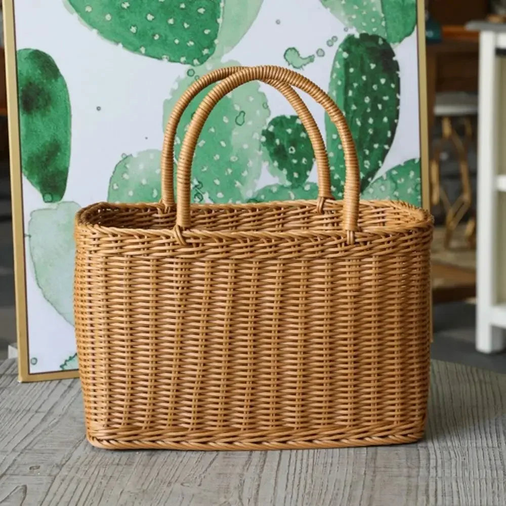 Home Storage Organizer Rattan Woven Basket With Handle Portable Picnic Basket Handwoven Rectangular Flower Basket Fruit
