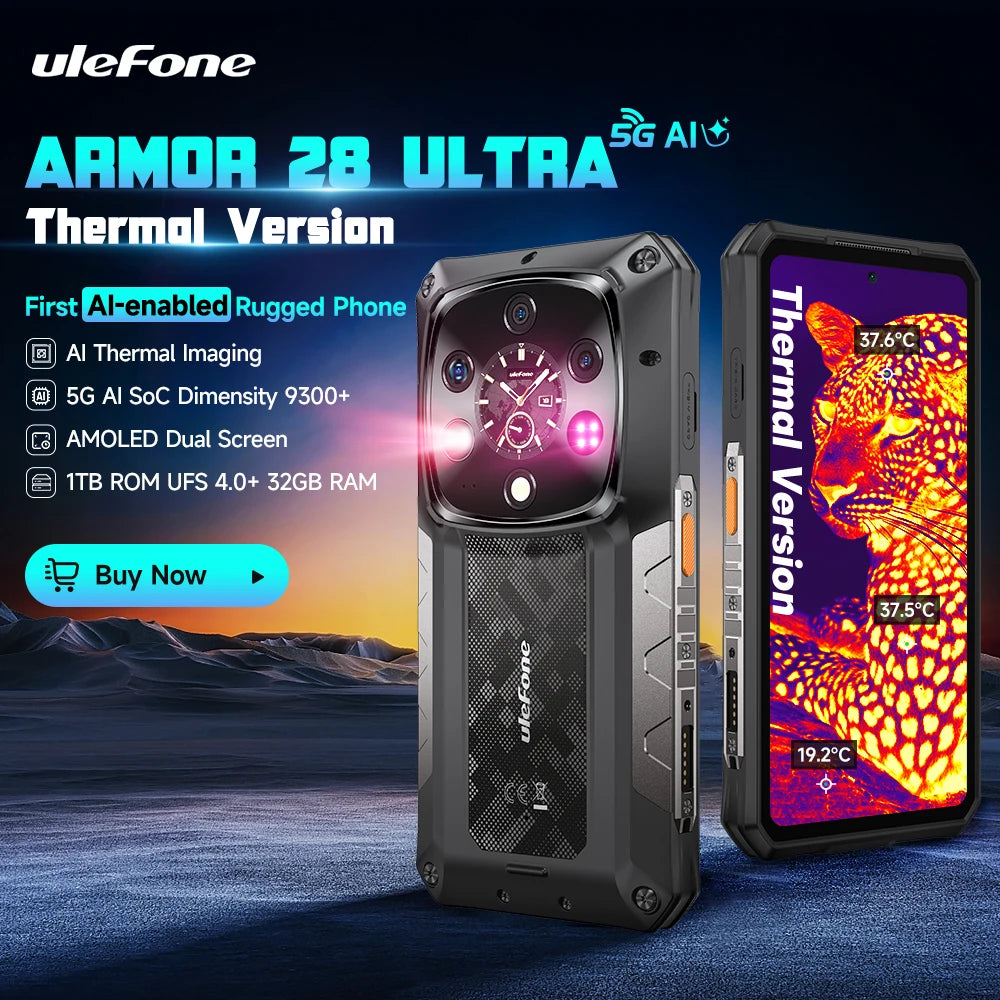 Teléfono robusto Ulefone Armor 28 Ultra 5G con imagen térmica por IA, Dimensity 9300+, 1 TB de ROM, 32 GB de RAM, Android, AMOLED