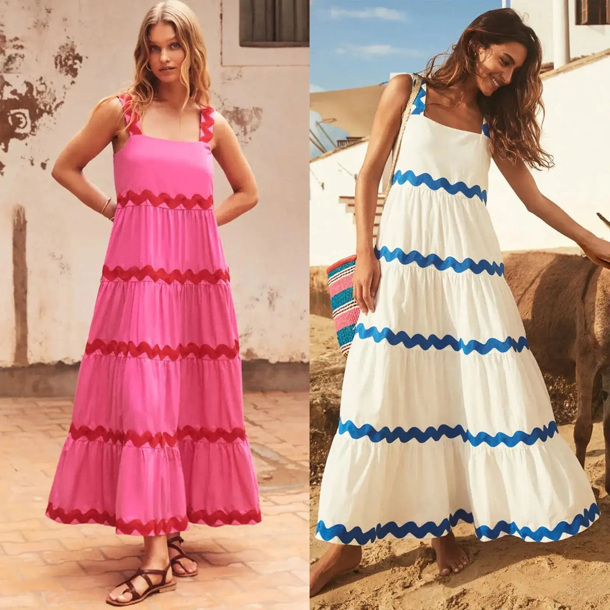Spaghetti Strap Wave Striped Long Dress Women Square Neck Chic Contrast Sleeveless Beach Dress Flowy Large Swing Maxi Dress - Lootquake
