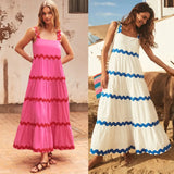 Spaghetti Strap Wave Striped Long Dress Women Square Neck Chic Contrast Sleeveless Beach Dress Flowy Large Swing Maxi Dress - Lootquake