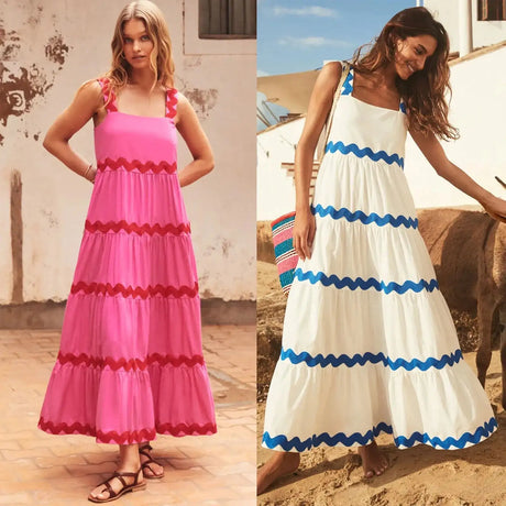 Spaghetti Strap Wave Striped Long Dress Women Square Neck Chic Contrast Sleeveless Beach Dress Flowy Large Swing Maxi Dress - Lootquake