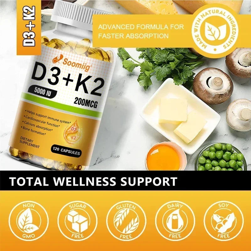 Cápsulas de vitamina D3 (5000 UI) y 200 mcg de vitamina K2 (MK-7) para la absorción de calcio, la regeneración ósea y el refuerzo inmunitario. Fáciles de disolver.
