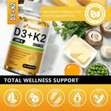 Cápsulas de vitamina D3 (5000 UI) y 200 mcg de vitamina K2 (MK-7) para la absorción de calcio, la regeneración ósea y el refuerzo inmunitario. Fáciles de disolver.