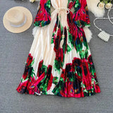 Spring Holiday Print Long Dress For Women Fashion Loose Lantern Sleeve Party Robe Female Big Swing Tassels Belt Pleated Clothes - Lootquake