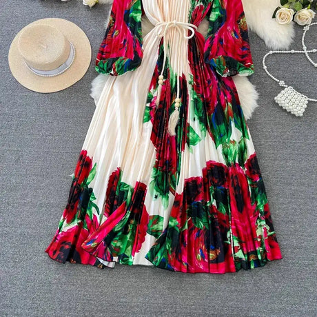 Spring Holiday Print Long Dress For Women Fashion Loose Lantern Sleeve Party Robe Female Big Swing Tassels Belt Pleated Clothes - Lootquake