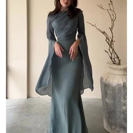 Fashion Satin Solid Robe Dress Ladies Temperament O-neck Slim Evening Dress Elegant Batwing Sleeves High Waist Pleats Long Dress - Lootquake