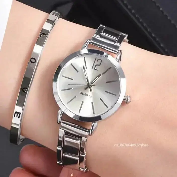 2pcs Set Watch Luxury Women Simple Dial Hollow Strap Fashion Gold Bracelet Quartz Wristwatch Student Ladies Watches Reloj Mujer - Lootquake