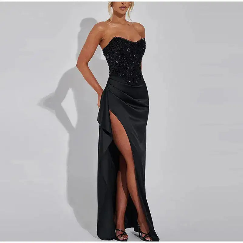 Satin Shiny Sequins Party Long Dress Women Sexy Strapless Sleeveless Backless High Split Dresses 2025 INS Lady Evening Gown - Lootquake