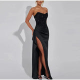 Satin Shiny Sequins Party Long Dress Women Sexy Strapless Sleeveless Backless High Split Dresses 2025 INS Lady Evening Gown - Lootquake