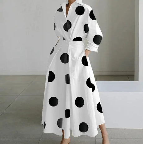 Autumn Dress Long Sleeve Dot Print Elegant Maxi Dresses For Women 2023 White Casual V Neck Shirt Party Long Dress Robe Femme - Lootquake