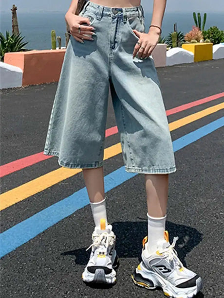 Female Summer American Vintage Baggy Denim Cropped Pants Woman High Waist Washed Wide Leg Jeans Light Blue Loose A Line Shorts - Lootquake