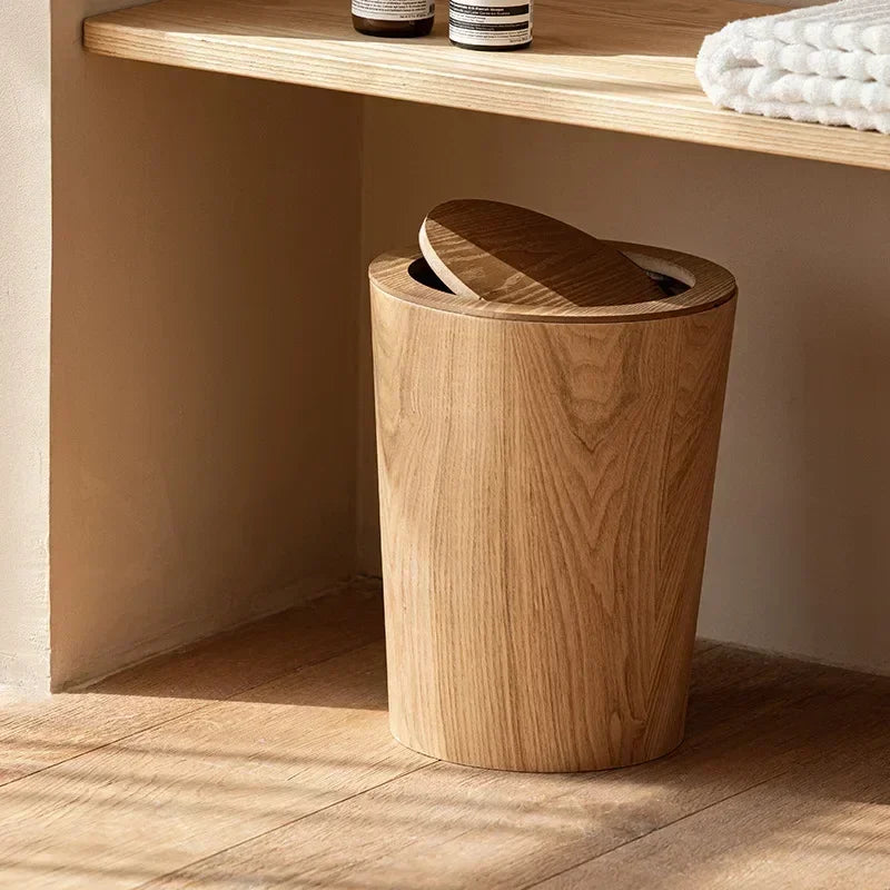 Wooden Style Minimalist Wooden Trash Bin Creative Home Homestay Hotel Living Room Bedroom with Lid Flip Paper Basket