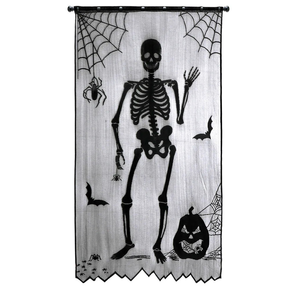 Halloween Window Decorations Halloween Door Curtain Skeleton & Bat Black Lace Panel for Haunted House Decor