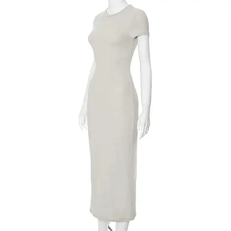 BWQ 2024 Women Solid Color Slim Short Sleeve Casual Pullover Sumer Long Dress Skinny Sexy Daily Dress - Lootquake