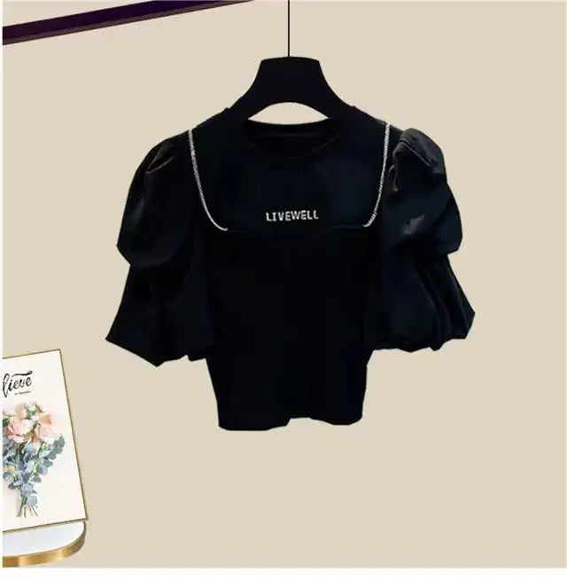 Spring/Summer Set Women's New Korean Edition Sweet and Spicy Bubble Sleeve Spliced Top Age Reducing Half Skirt Two Piece Set - Lootquake