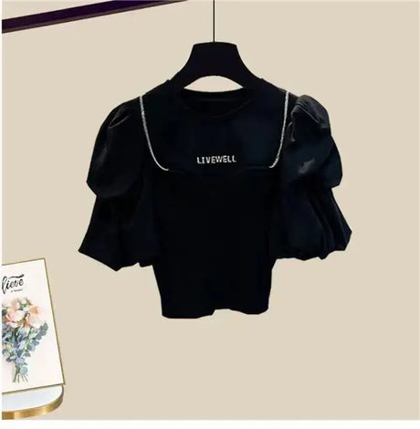 Spring/Summer Set Women's New Korean Edition Sweet and Spicy Bubble Sleeve Spliced Top Age Reducing Half Skirt Two Piece Set - Lootquake