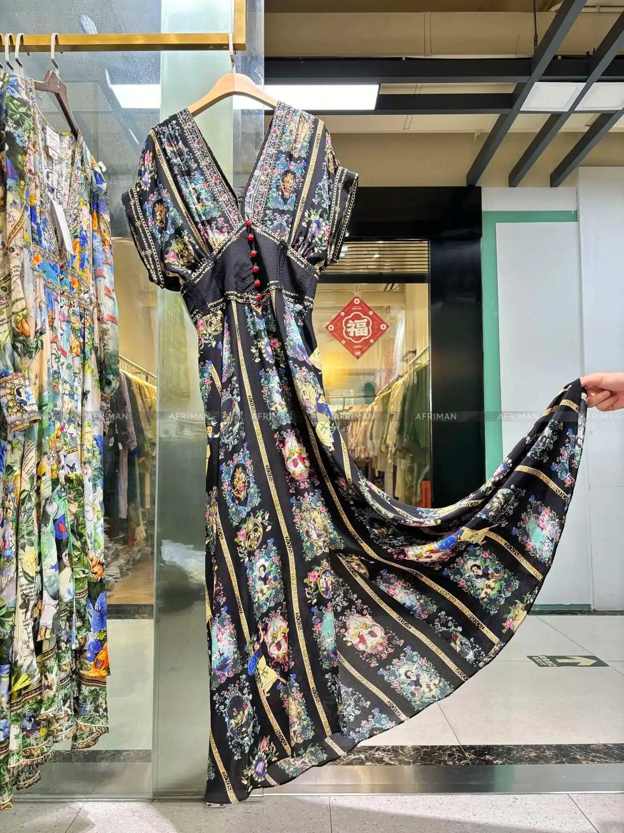 Women New V Neck Crystal Beaded Short Sleeve Retro Cartoon Print Elastic High Waist Silk Long Dress - Lootquake