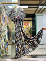 Women New V Neck Crystal Beaded Short Sleeve Retro Cartoon Print Elastic High Waist Silk Long Dress - Lootquake