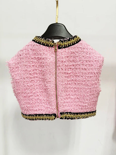 HIGH STREET Newest 2024 Runway Designer Fashion Women's Sleeveless Metal Chains Embellished Tweed Vest Cropped Tank Top - Lootquake