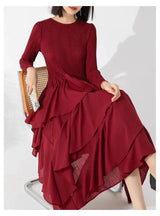 LANMREM Elegant Pleated Long Dress For Women Round Neck Long Sleeves Ruffles A-line Dresses Fashion 2025 Spring New 32C2026 - Lootquake