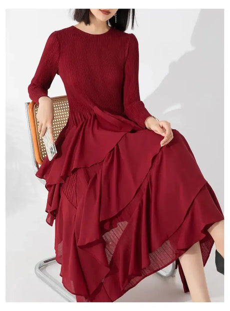 LANMREM Elegant Pleated Long Dress For Women Round Neck Long Sleeves Ruffles A-line Dresses Fashion 2025 Spring New 32C2026 - Lootquake