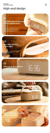 Altavoz Bluetooth, batería de 2500 mAh, compatible con carga inalámbrica de 15 W, reloj digital, pantalla, luz nocturna, despertador, estéreo Bluetooth.