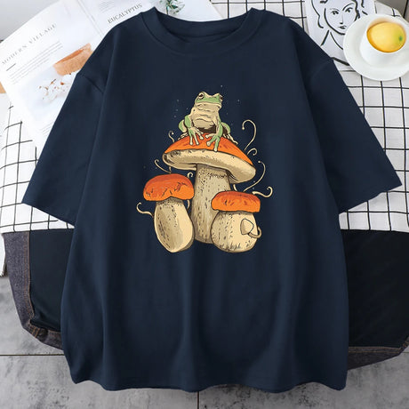 Cottagecore Aesthetic Mushroom Dark Academia Frog Funny T Shirt Men Casual Oversize Cotton Short Sleeve Street Hip Hop T-Shirts - Lootquake