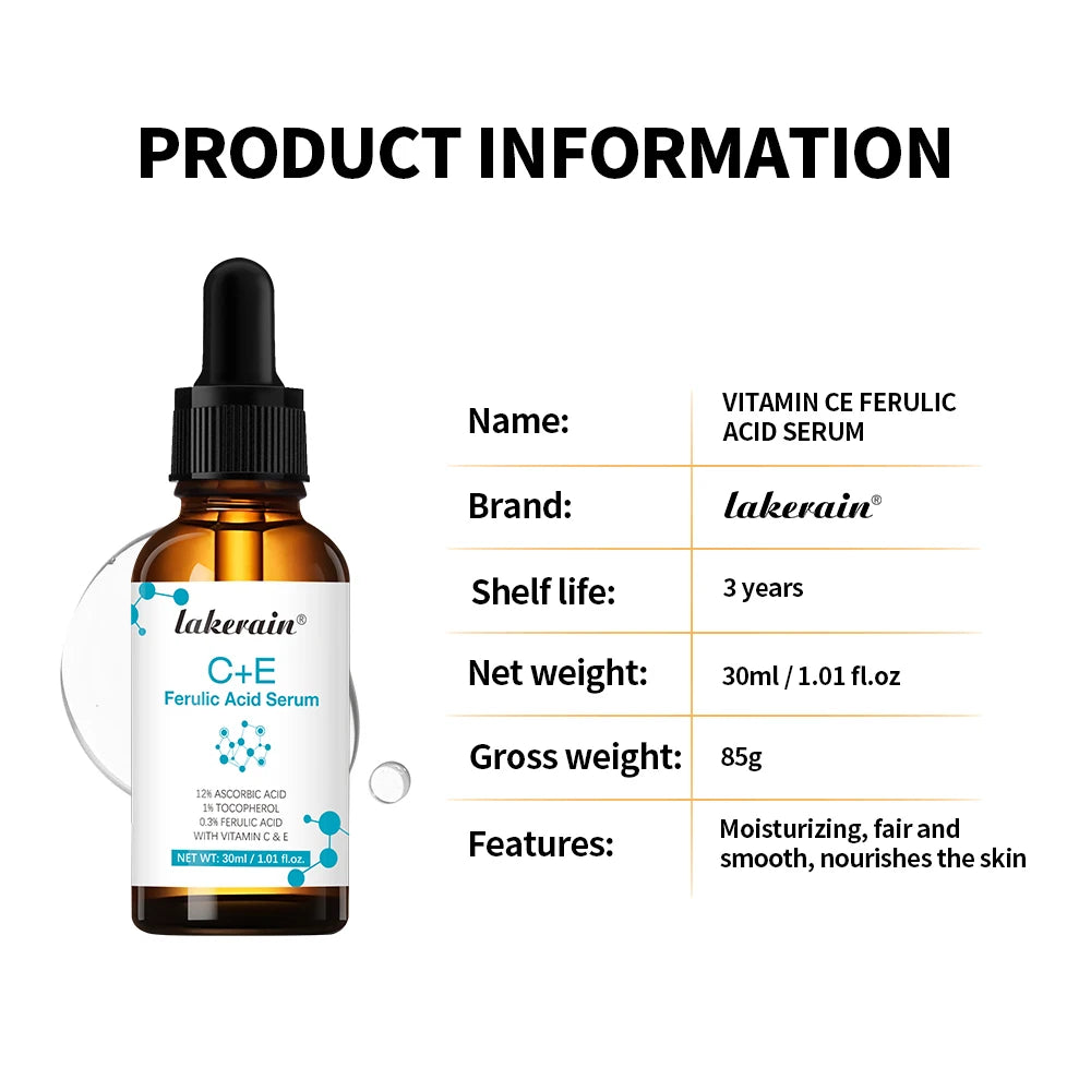 Suero facial con vitamina C, suero de vitamina CE con ácido ferúlico para mujeres, suero de vitamina E y ácido ferúlico, cuidado de la piel, suero de vitamina C para el rostro.
