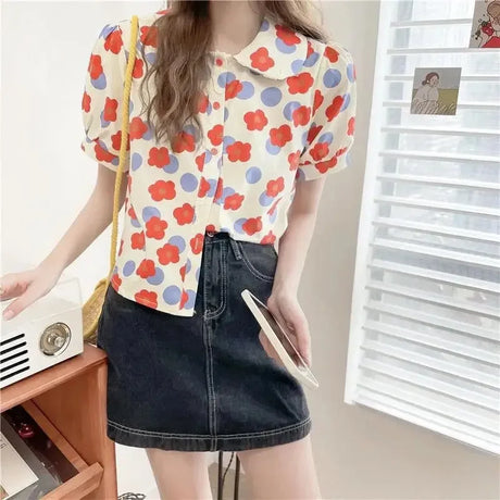 Women Summer Korean Casual Printing Chiffon Loose Polo-Neck Short Sleeve Blouse Women Clothes Sweet All-match Floral Top Tee - Lootquake