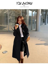 Streetwear Loose Trench Coat Midi Length Fashion Korean Elegant Khaki Black Women's Windbreaker Coat Casual Double Breasted Tops - Lootquake
