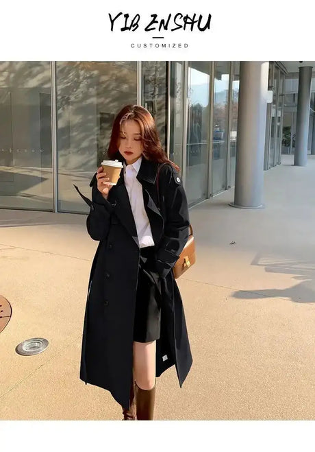 Streetwear Loose Trench Coat Midi Length Fashion Korean Elegant Khaki Black Women's Windbreaker Coat Casual Double Breasted Tops - Lootquake