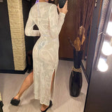 Deep V Dress Lace Up Long Sleeve Women Split Maxi Dress Crochet Knitted Tunic Mesh Sheer Sexy Bodycon Long Dress Vestido V4146B - Lootquake