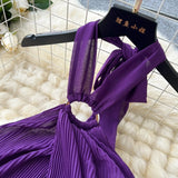 SINGREINY Sexy Halter Pleated Dress Women Summer Hollow Out Cross Lace Up Zipper Design Sleeveless Backless Elegant Long Dress - Lootquake