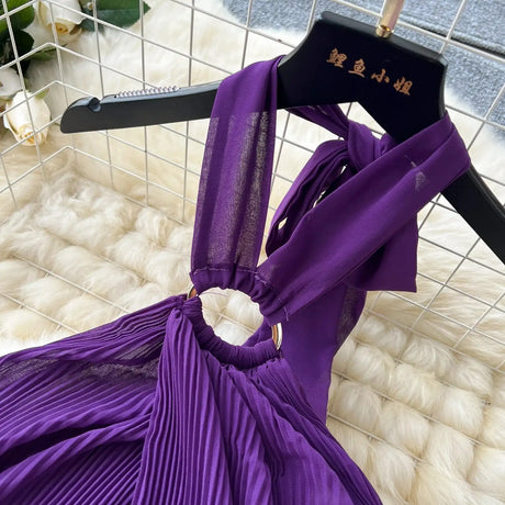 SINGREINY Sexy Halter Pleated Dress Women Summer Hollow Out Cross Lace Up Zipper Design Sleeveless Backless Elegant Long Dress - Lootquake