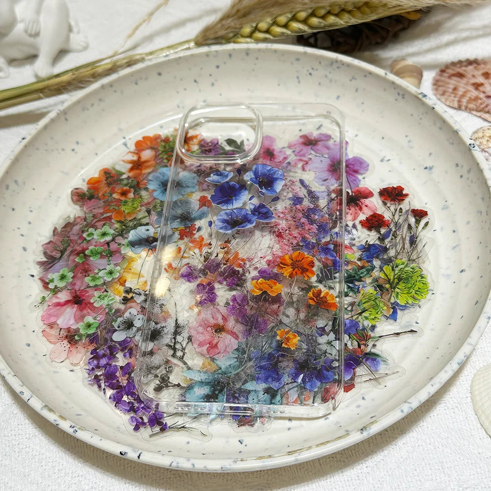 Paquete de 50 pegatinas de flores con tinta, impermeables, transparentes, de PET, para cuadernos, guitarras y flores.