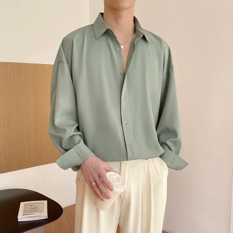 White Long Sleeved Shirt Men Oversized Fashion Social Mens Dress Shirt Korean Loose Ice Silk Shirt Mens Office Formal Shirts - Lootquake