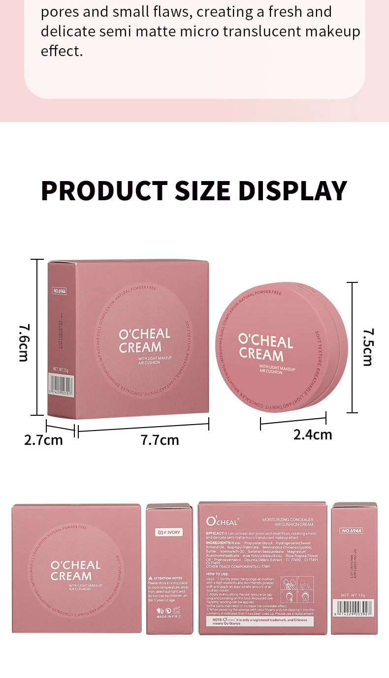 OCHEAL CC Cream Cushion Foundation Cream Corrector hidratante de larga duración Base BB Cream para maquillaje facial Corrector