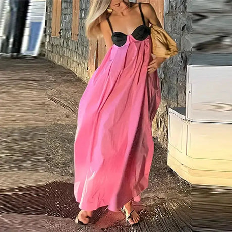 Sexy Backless Beach Dress Women 2024 Holiday Sleeveless Loose Slip  Long Dress Street Fashion Panelled Bandage Summer Lady Robe - Lootquake