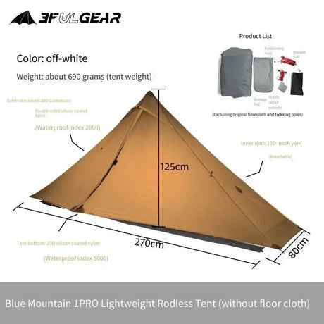[HODR] 3F UL GEAR Lanshan 1 pro Tipi Tent Rodless Solo Ultralight 690g 20D Nylon Fabric Camping Season Tent Trekking Tents - Lootquake