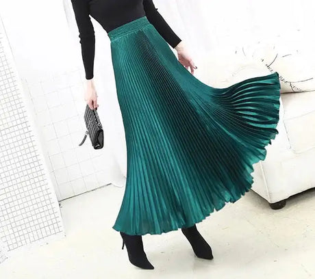 High-Waisted Vintage A- Line Accordion Skirt European Style Pleated Dress Metal Color Wide Hemline Long Dress For Women - Lootquake