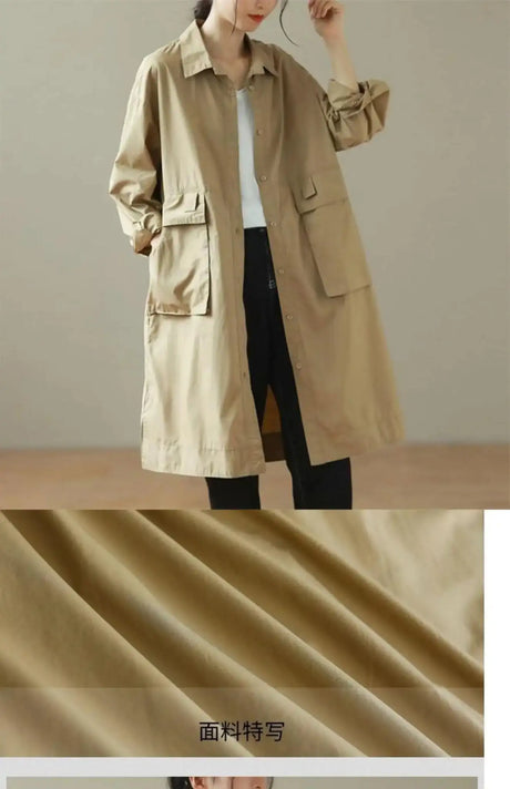9290 Spring Fall Trench Coat Women Mid Length Windbreaker Single-breasted Double Pockets Casual Loose Overcoat Female Outerwear - Lootquake