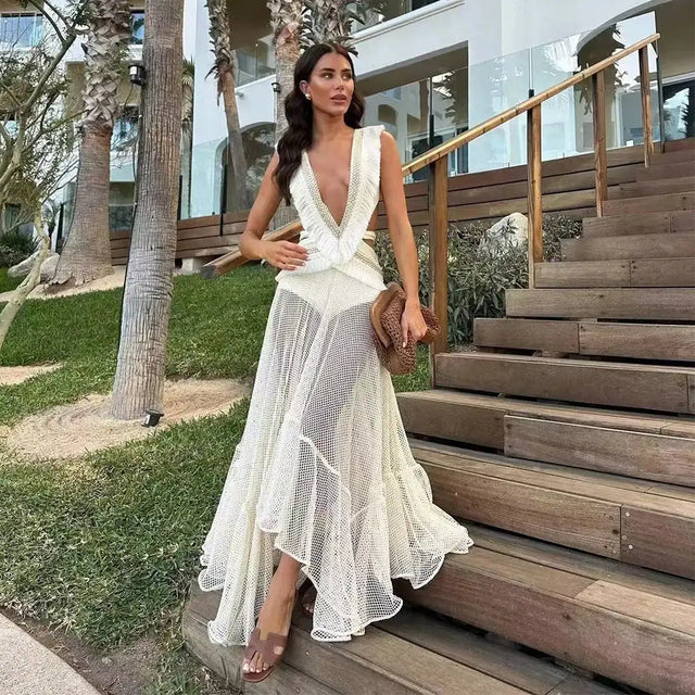 2024 Summer Beach Party Robes Women Fashion Deep V Neck Sleevelss See Through Dresses Sexy Printed Tassels Patchwork Long Dress - Lootquake