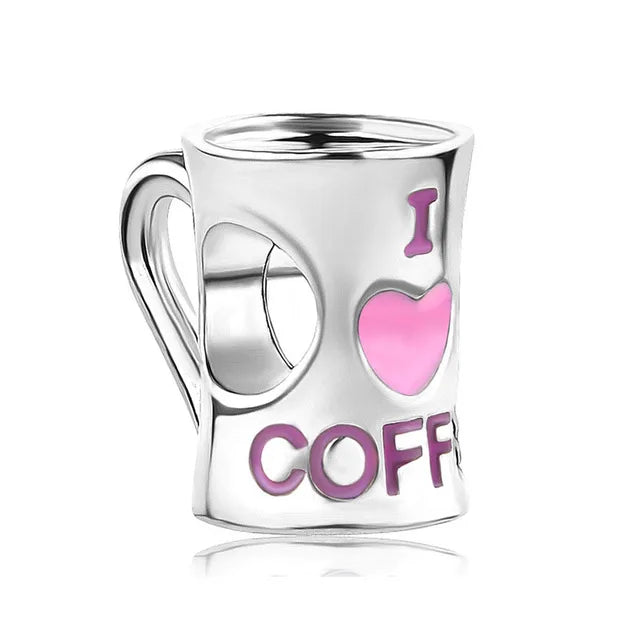 Dije de plata de ley 925 con forma de café, vino tinto, cafetera, copa de champán, compatible con pulseras colgantes originales, joyería DIY para mujer.