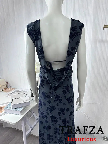 TRAFZA Vintage Casual Chic Women Flocking Suit O-Neck Backless Sleeveless Top Asymmetrical Long Skirt Fashion 2025 Spring Suit - Lootquake