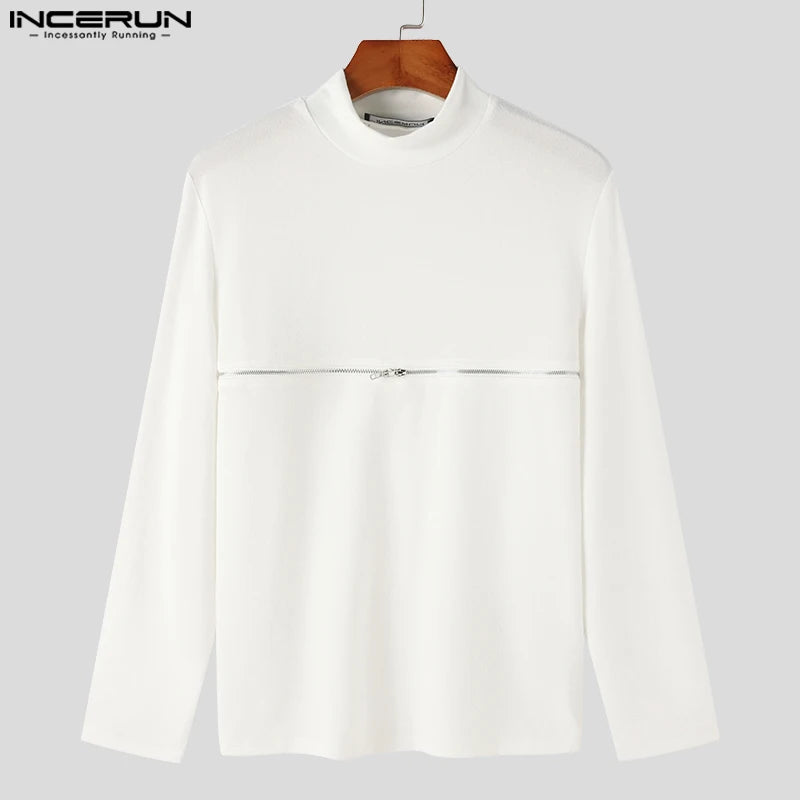 INCERUN Men T Shirts Solid Color Turtleneck Long Sleeve Fitness Streetwear Camisetas 2024 Hollow Out Zipper Casual Men Clothing - Lootquake